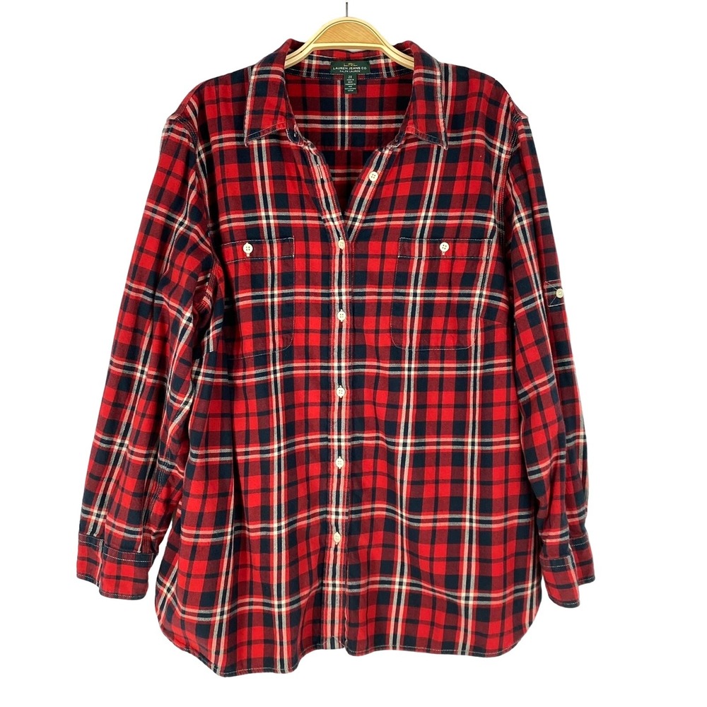 Lauren Ralph Lauren Lumberjack Flannel Shirt Women 2X Red Plaid Rodeo Holiday